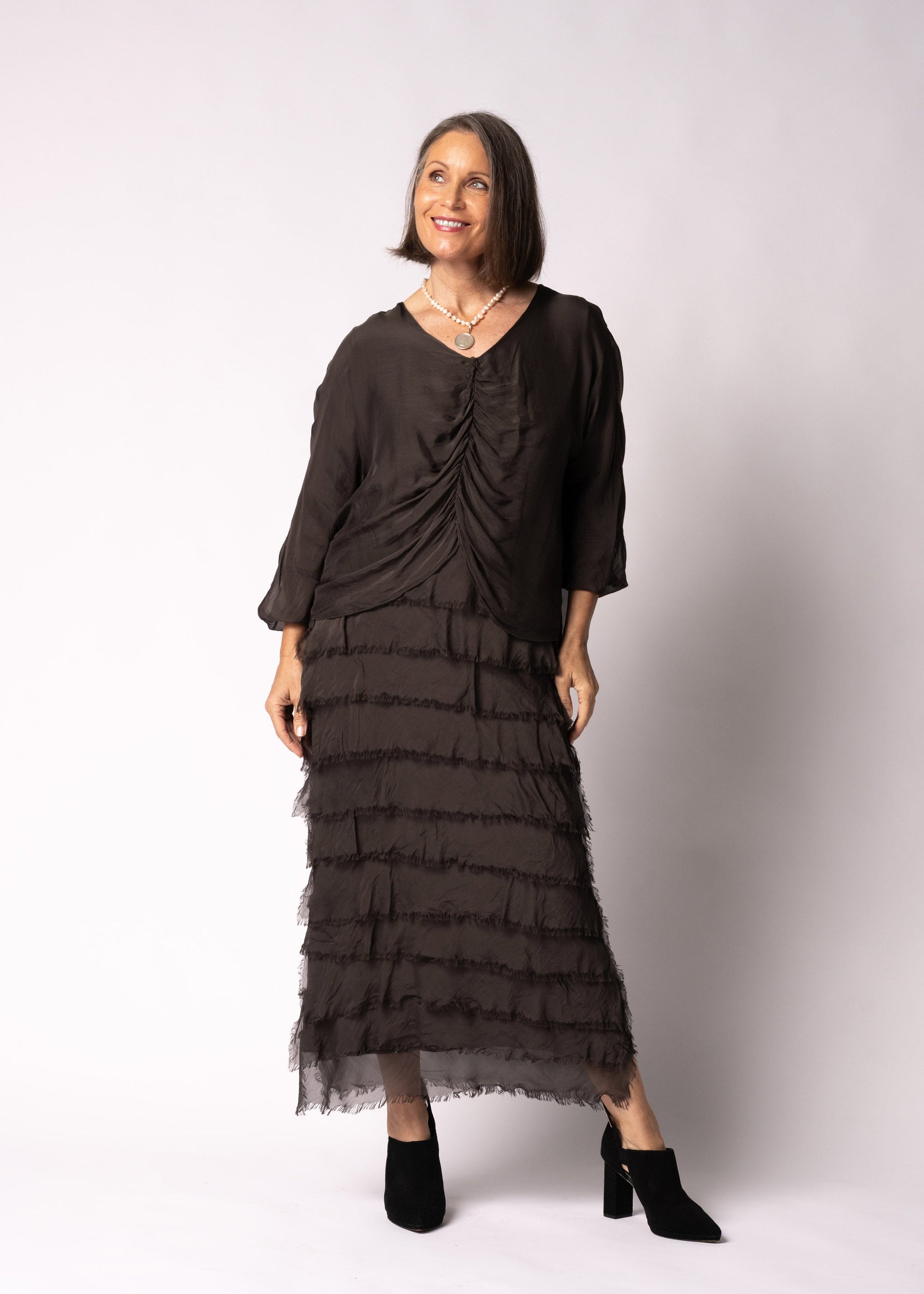Imagine Fashion Odette Silk Dress | Chocolate Truffle