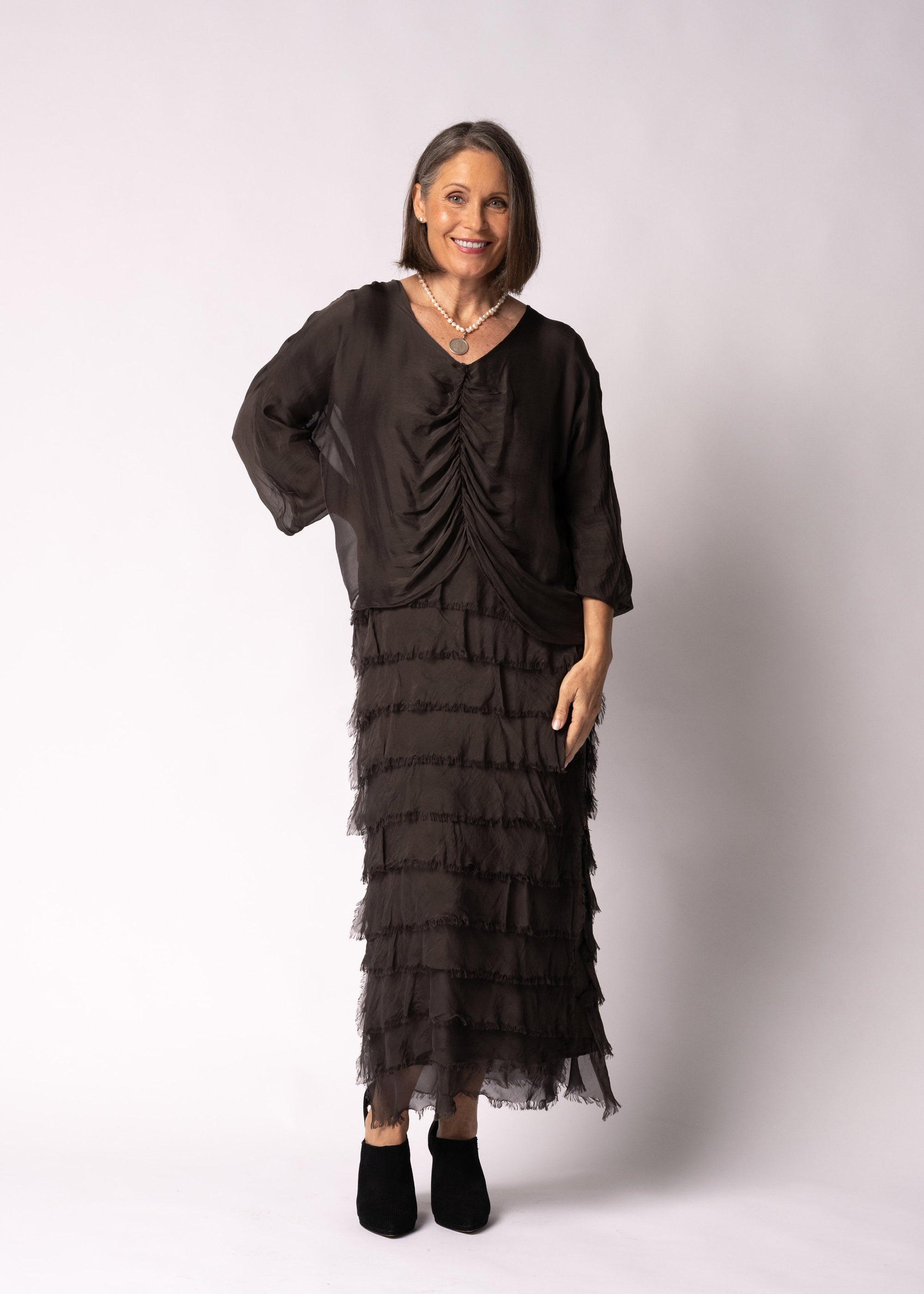Imagine Fashion Odette Silk Dress | Chocolate Truffle