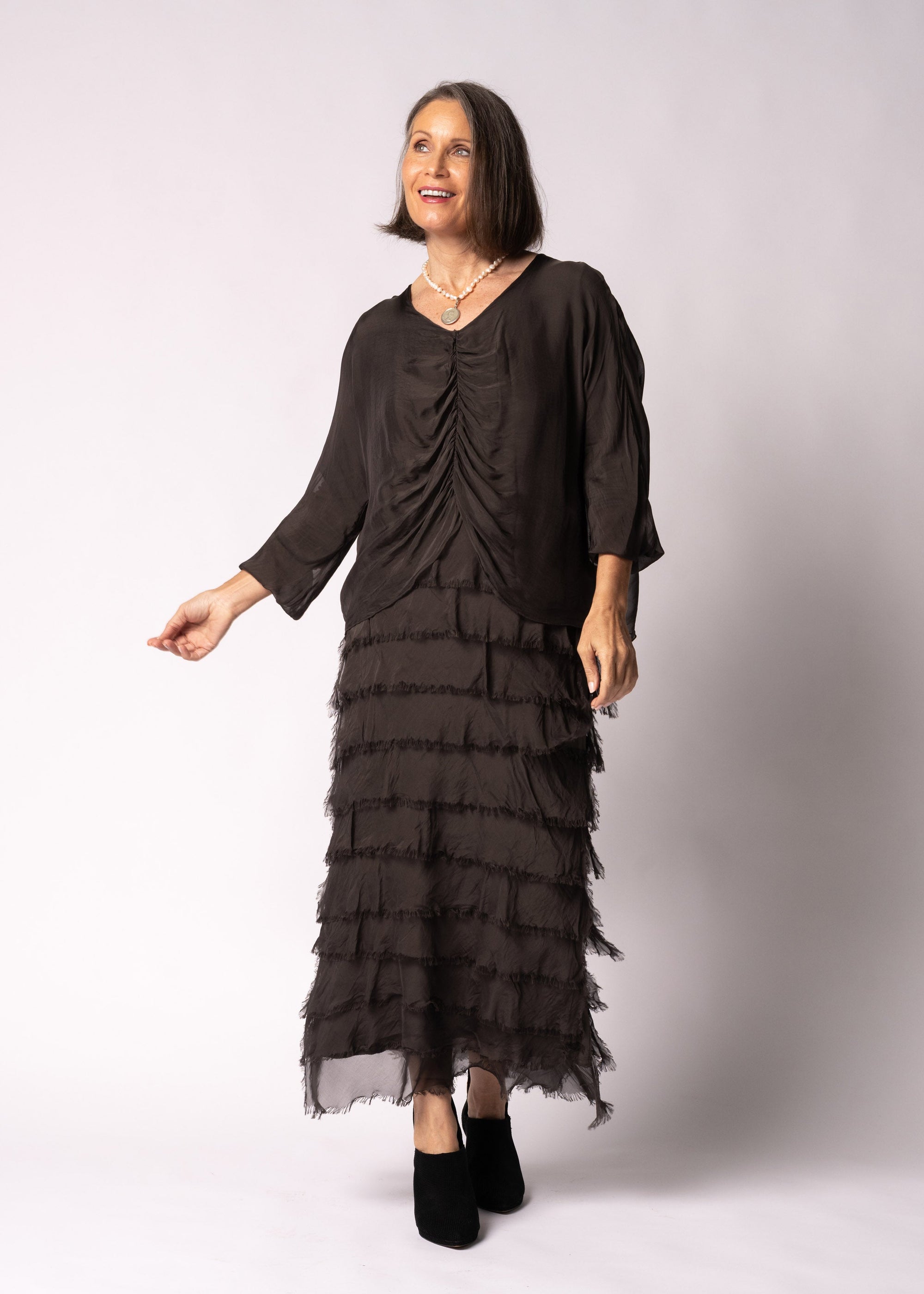 Imagine Fashion Odette Silk Dress | Chocolate Truffle