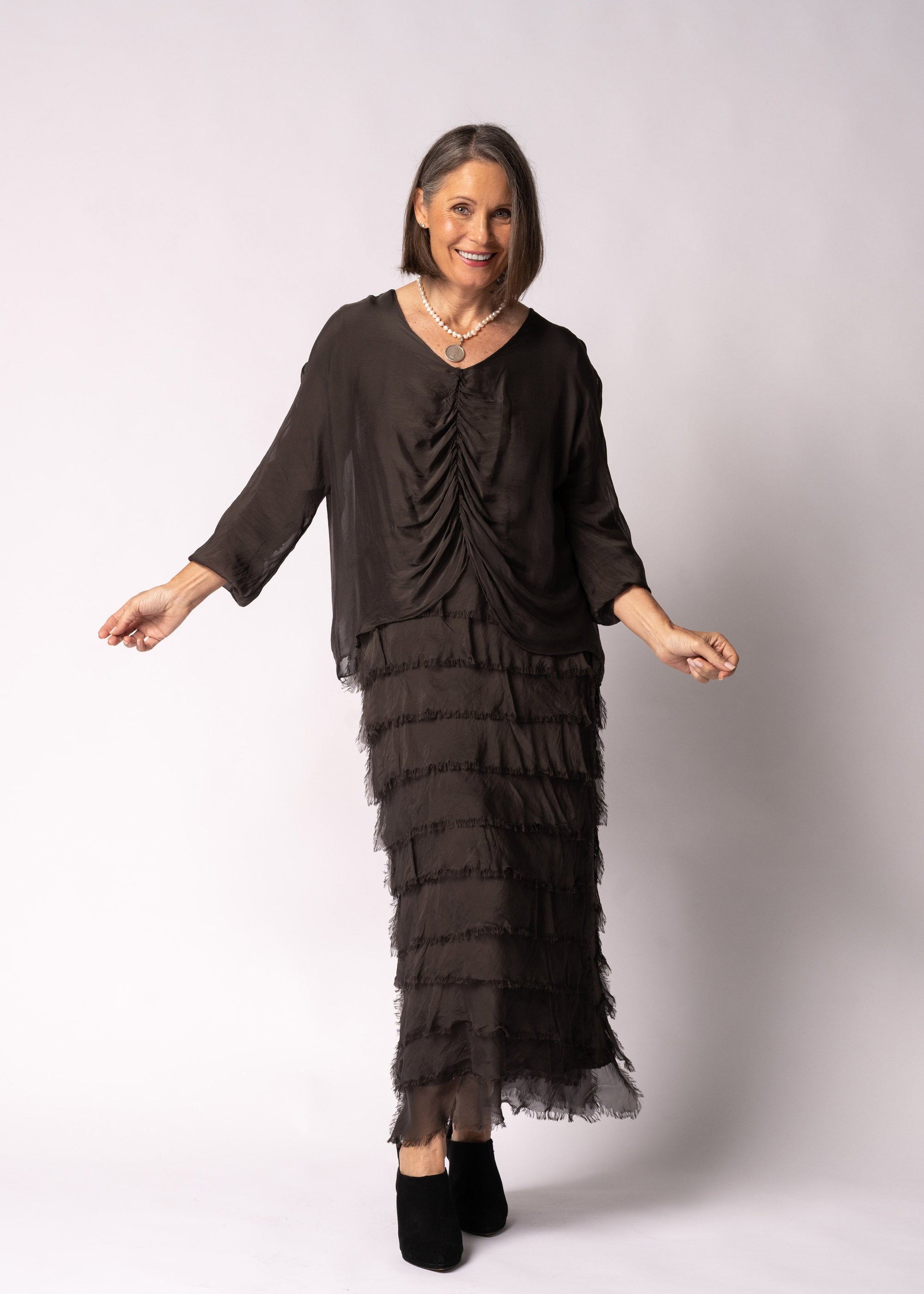 Imagine Fashion Odette Silk Dress | Chocolate Truffle