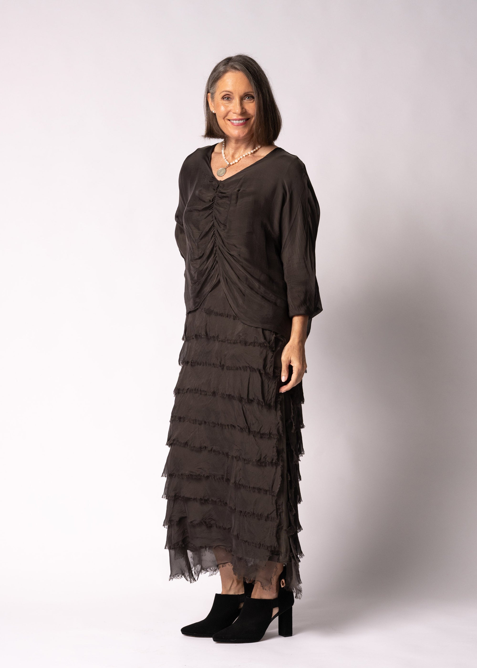 Imagine Fashion Odette Silk Dress | Chocolate Truffle