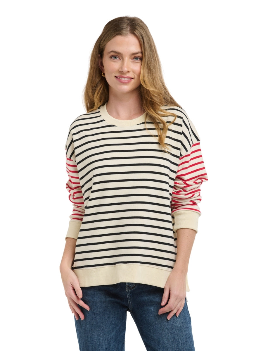 BASIC123 aspen stripe sweater natural black red long sleeve crew neck