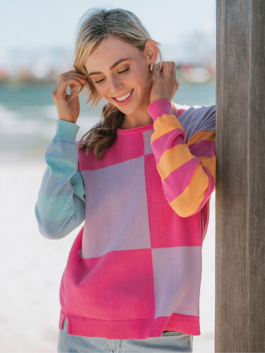 Bella colour block pullover bright delight pink lilac cotton knit