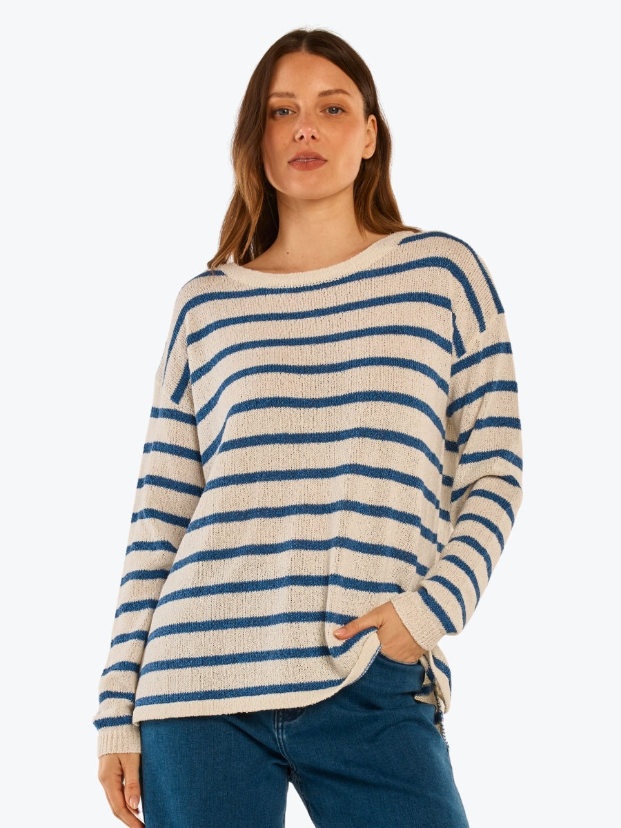 Woman wearing a blue and white striped sweater on a white background