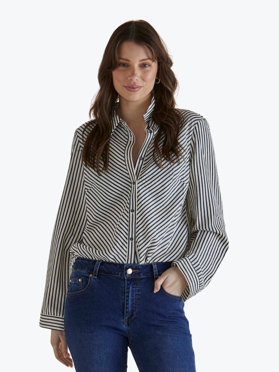 Betty Basics Crinkle Shirt in Black/White Stripe
