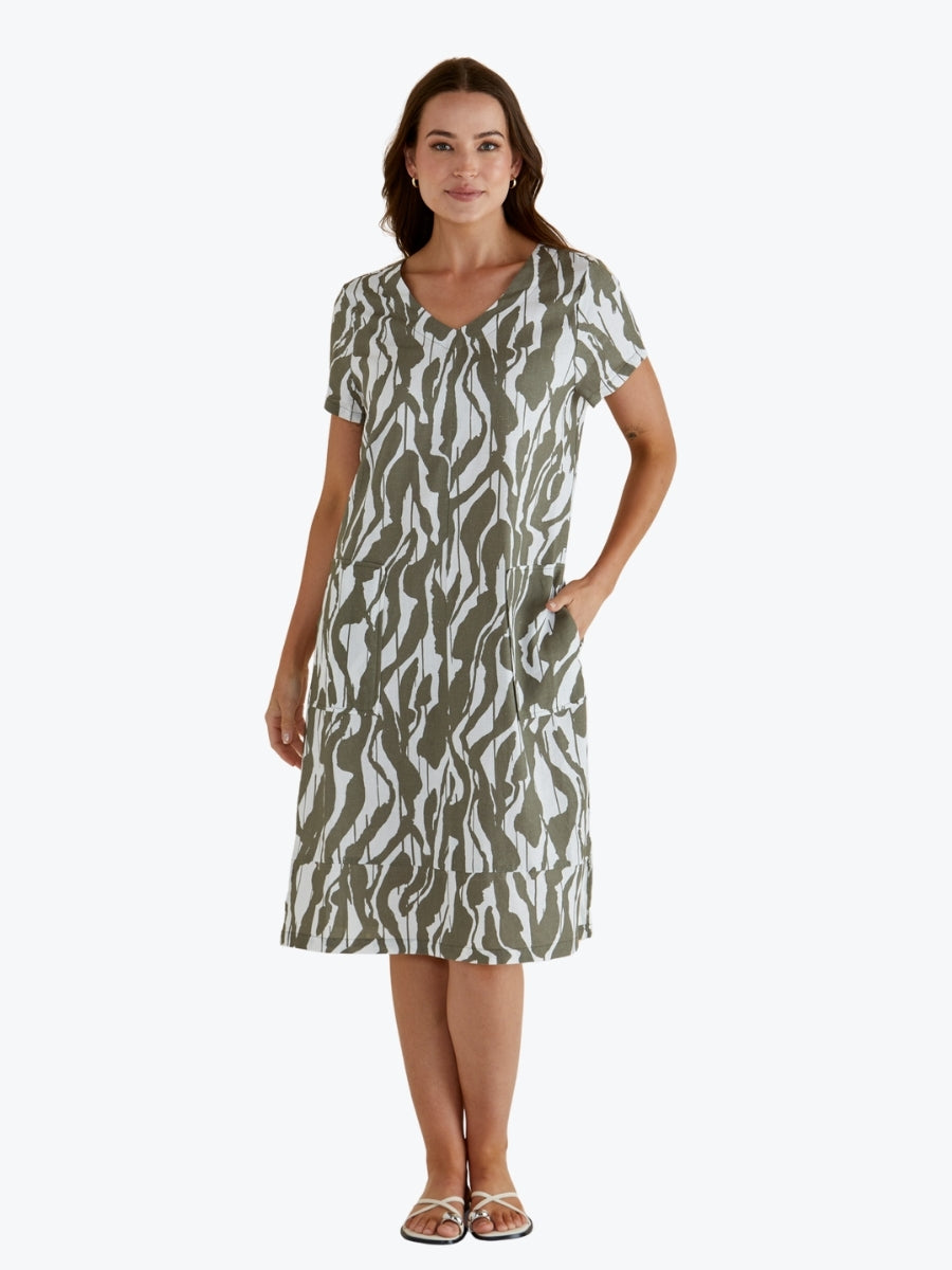 Betty Basics Elwood Dress in Olive Geometric Print