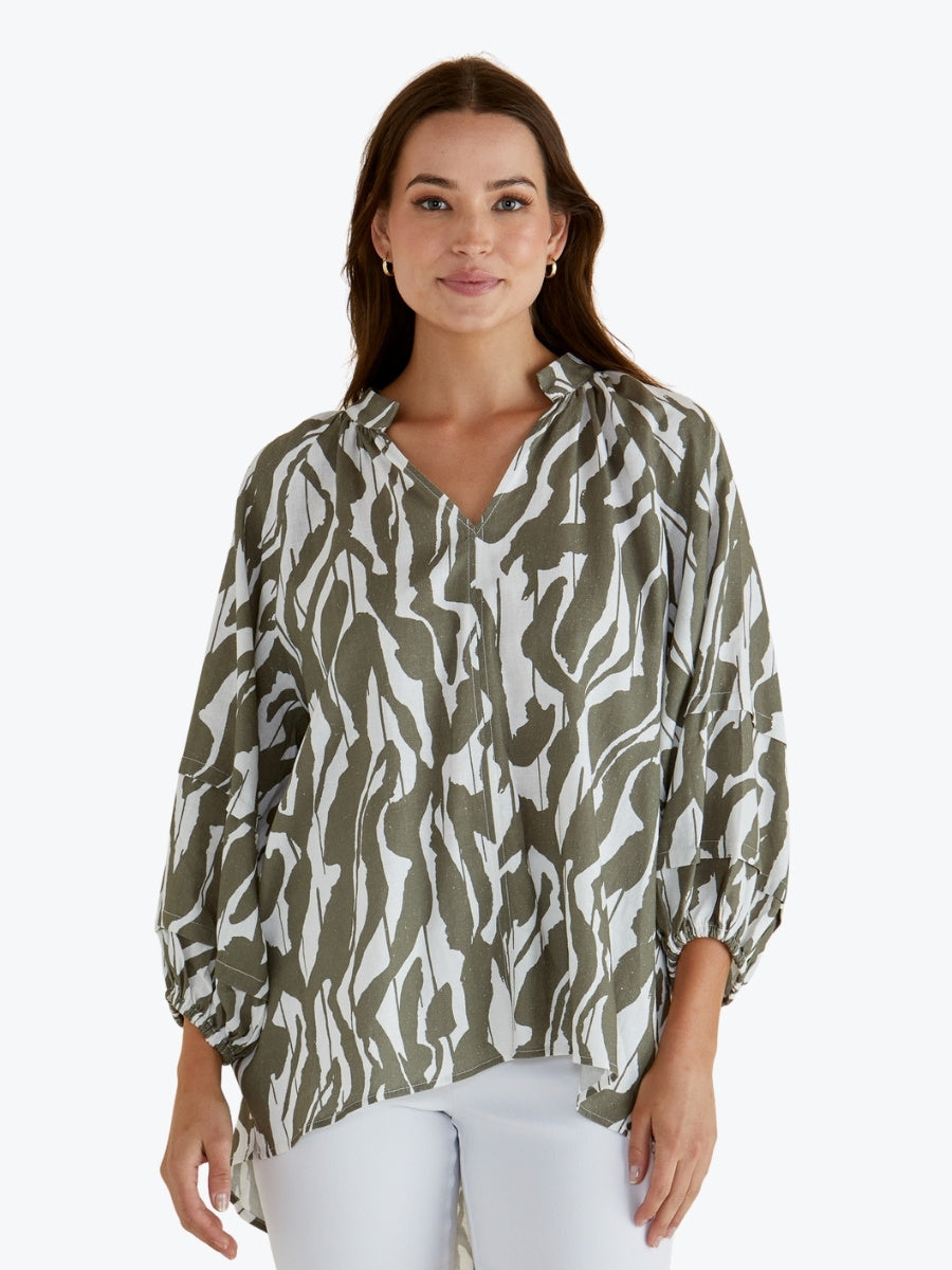 Betty Basics Grazia Blouse in Olive Geometric Print