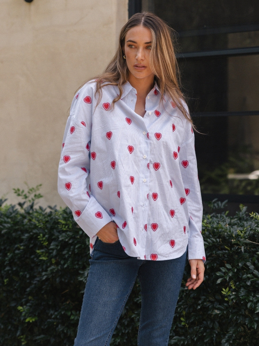 Betty Basics Sage Shirt in Blue Heart Stripe