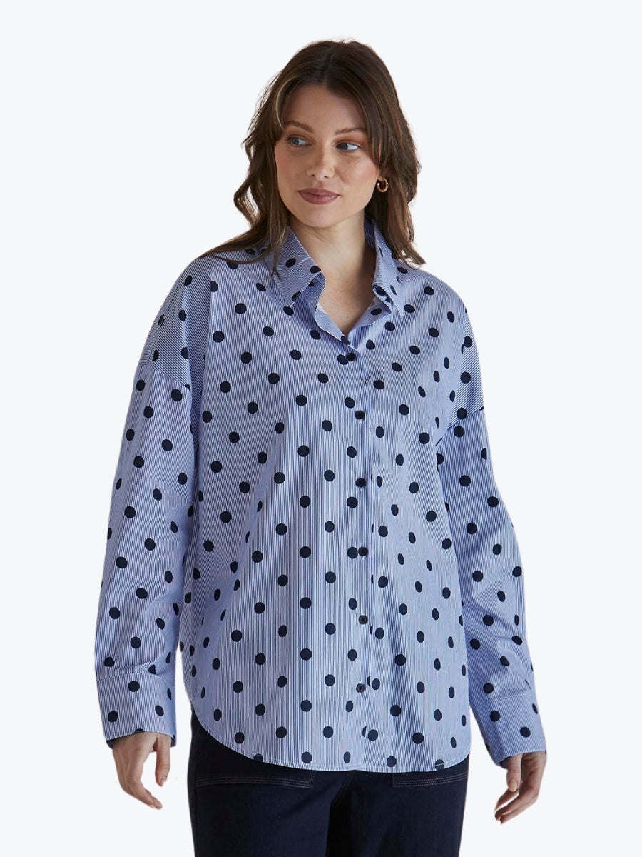 Betty Basics Sage Shirt in Polka Dot Stripe