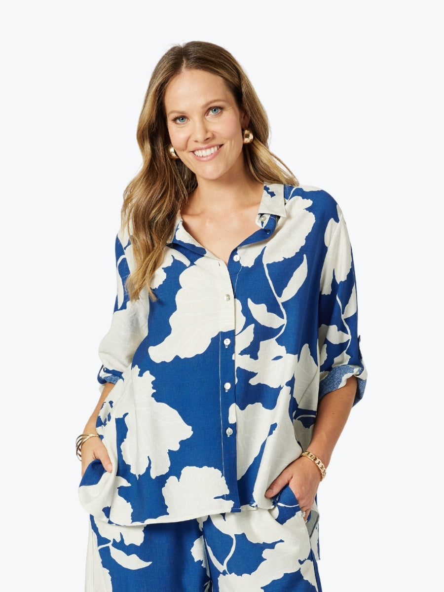 Clarity Barcelona Floral Print Shirt in Blue/Natural