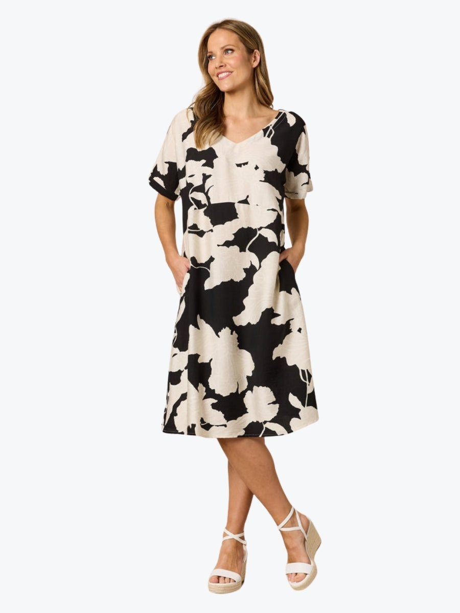 Clarity Barcelona V Neck Dress in Black/Natural