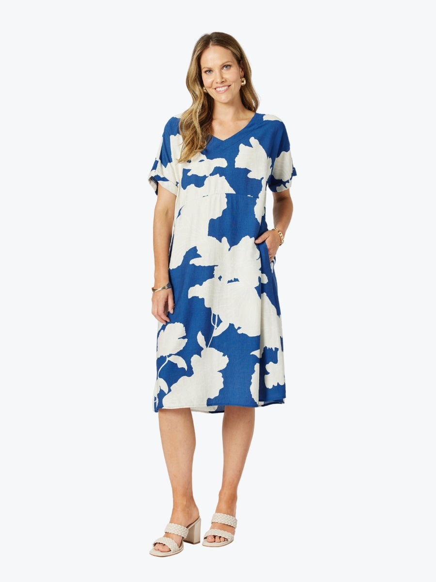 Clarity Barcelona V Neck Dress in Blue/Natural