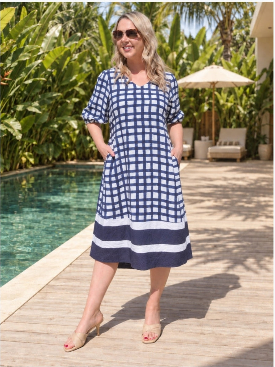 Clarity Monaco Grid Print Dress | Navy/White