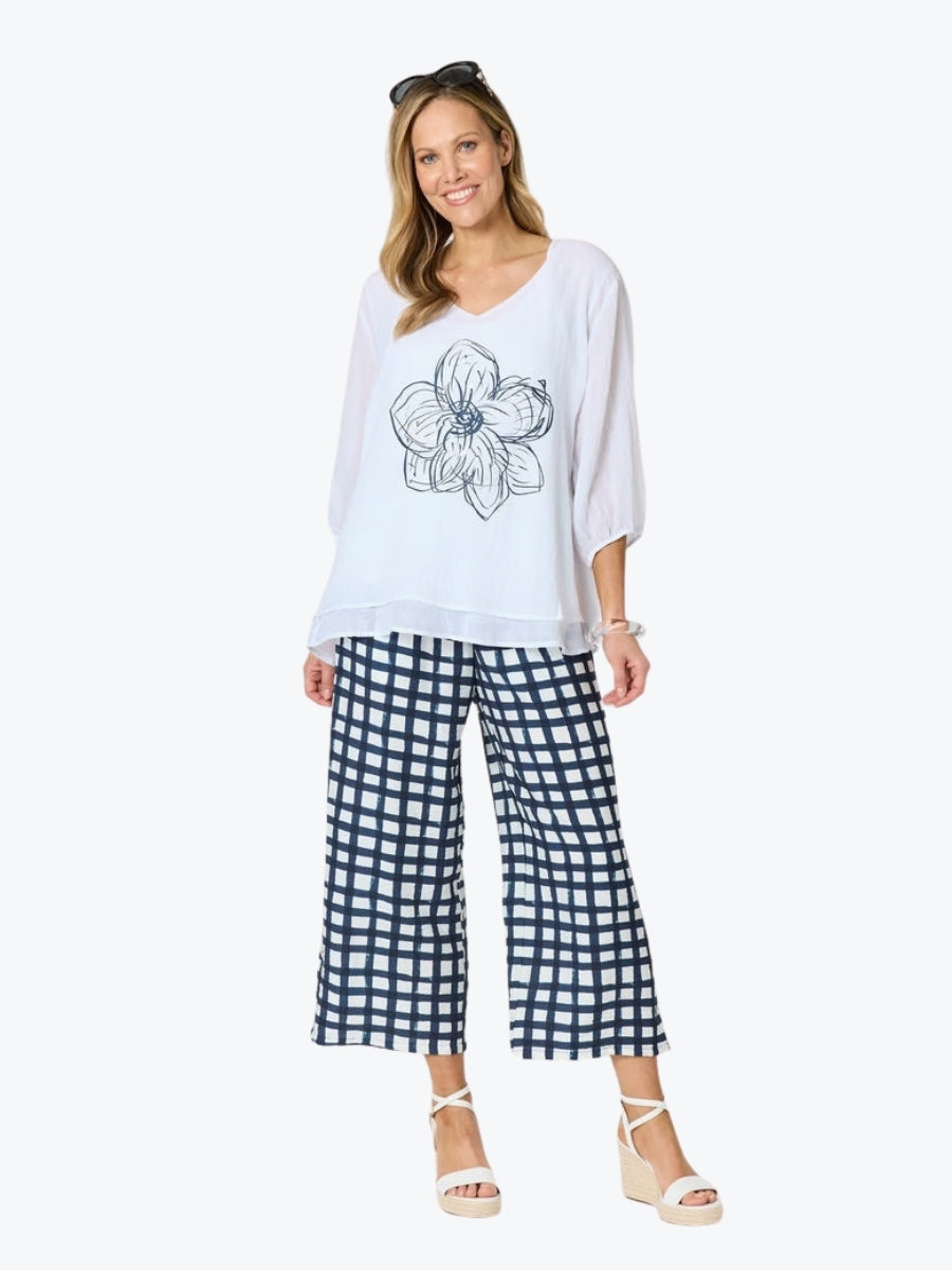 Clarity Monaco Grid Print Wide Leg Pant | Navy/White