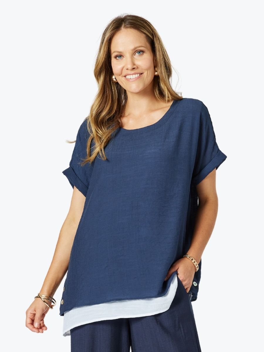 Clarity Palma Side Button Layered Top in Navy