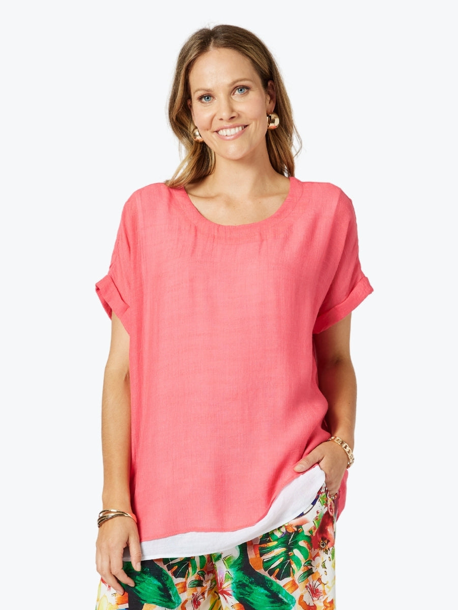 Clarity Palma Side Button Top in Coral/White