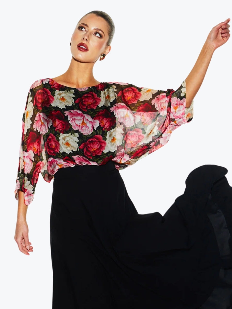 Fate + Becker sunlight and shadow silk top in oscar floral red and pink