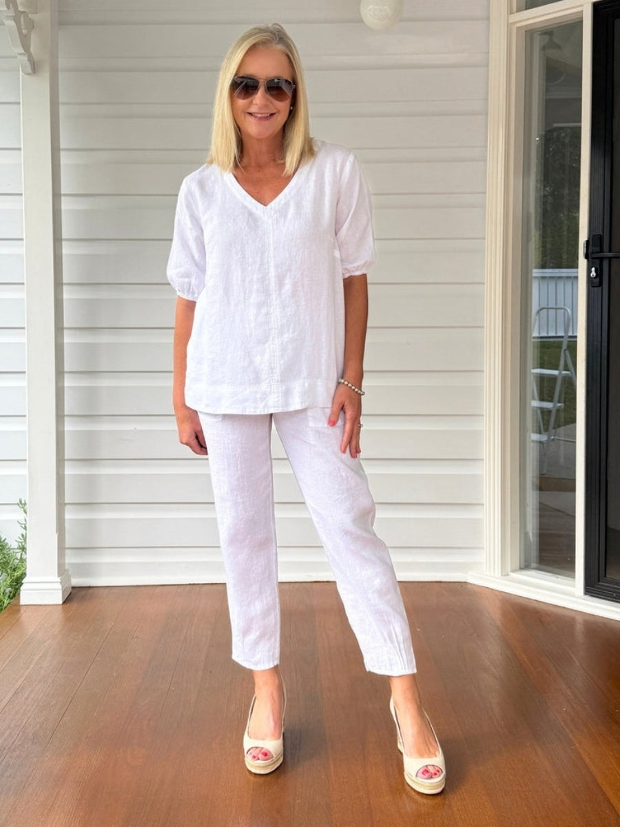 Gordon Smith Anna V Neck Linen Top | White