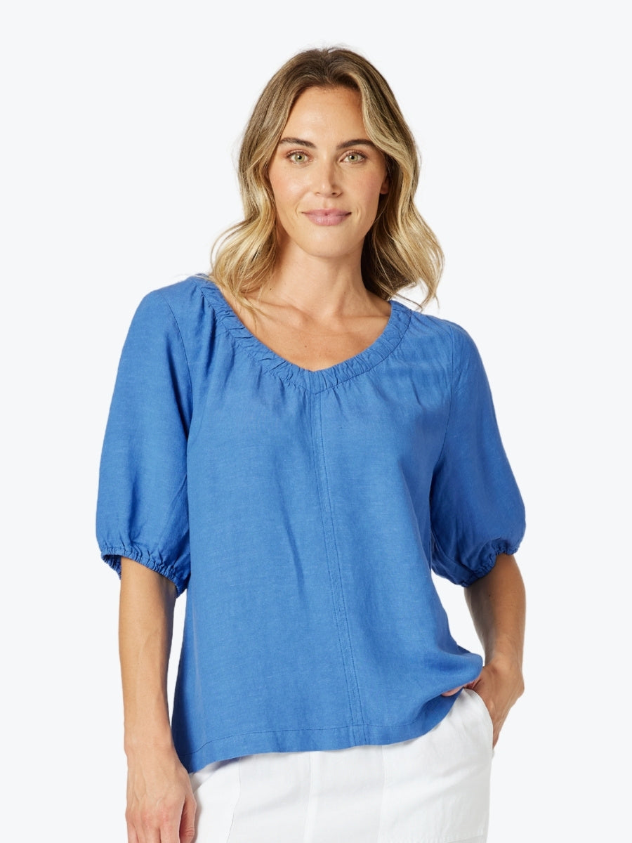Gordon Smith Lino V Neck Top in Sardinia Blue