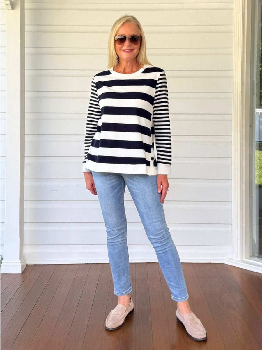 Gordon Smith Newport Stripe Button Top | Navy/Ivory