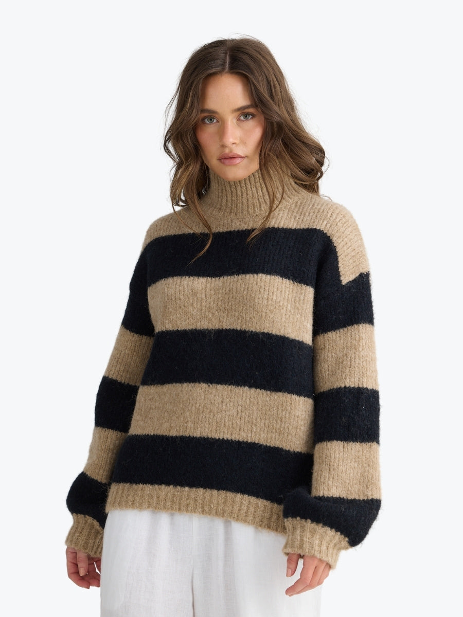 Holiday Island Knit in Taupe and Black Stripe