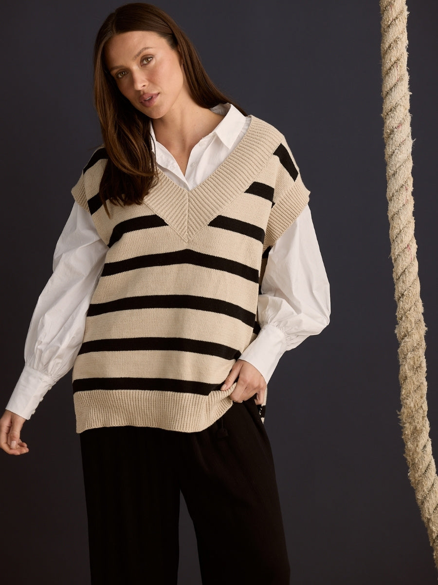 Holiday Miami Vest in Natural and Black Stripe