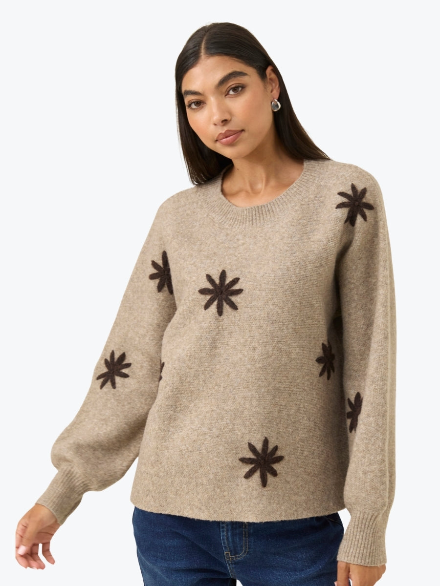 Woman wearing a beige sweater with brown star patterns on a white background