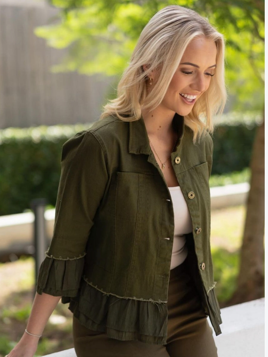 Jolie Saule Frill Denim Jacket in Khaki