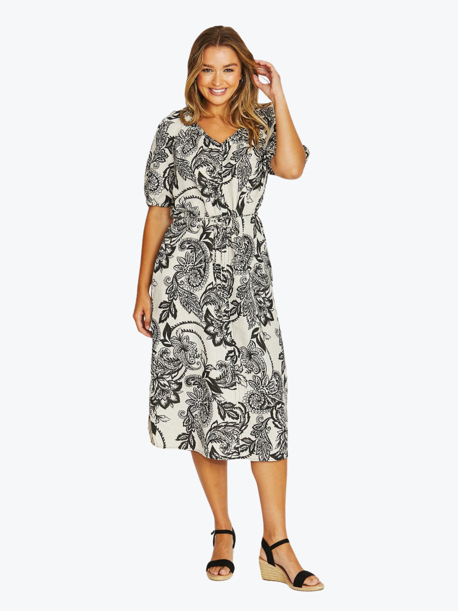 Jump Bohemia Short Sleeve Tie Dress | Black/Flax