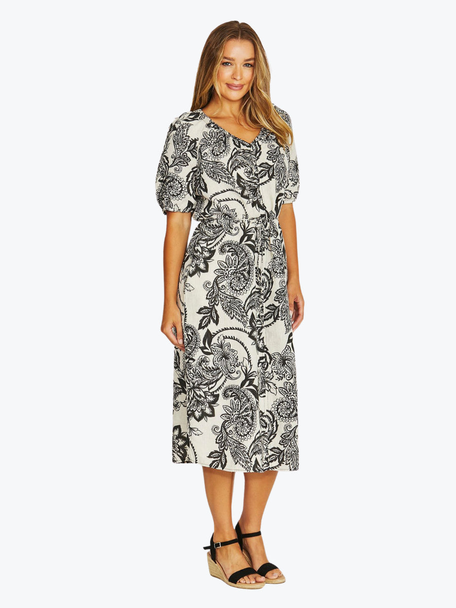 Jump Bohemia Short Sleeve Tie Dress | Black/Flax