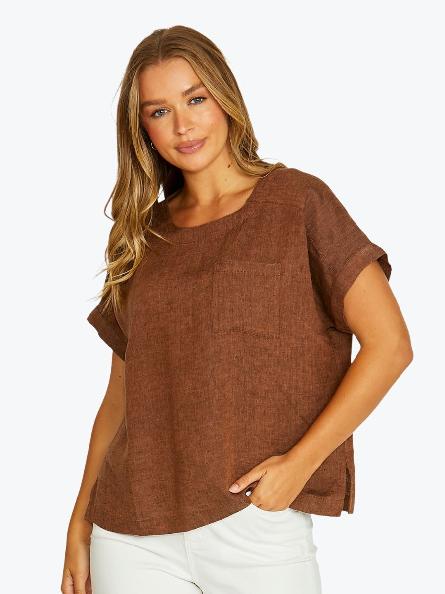 Jump Boxy Short Sleeve Linen Top | Cinnamon