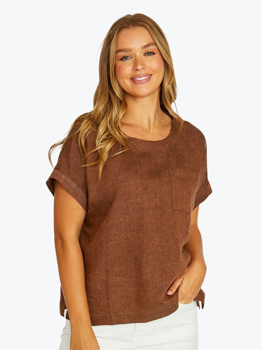 Jump Boxy Short Sleeve Linen Top | Cinnamon
