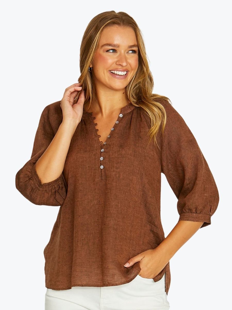 Jump Raglan Button Neck Top | Cinnamon
