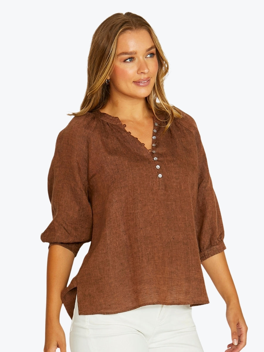 Jump Raglan Button Neck Top | Cinnamon