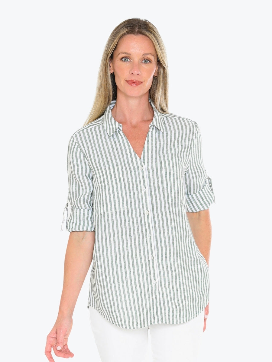 Jump Stripe Linen Shirt in Basil