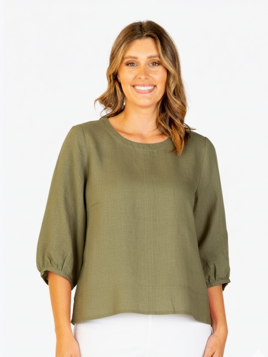 Maglia Lux Three Quarter Sleeve Linen Top in Olive