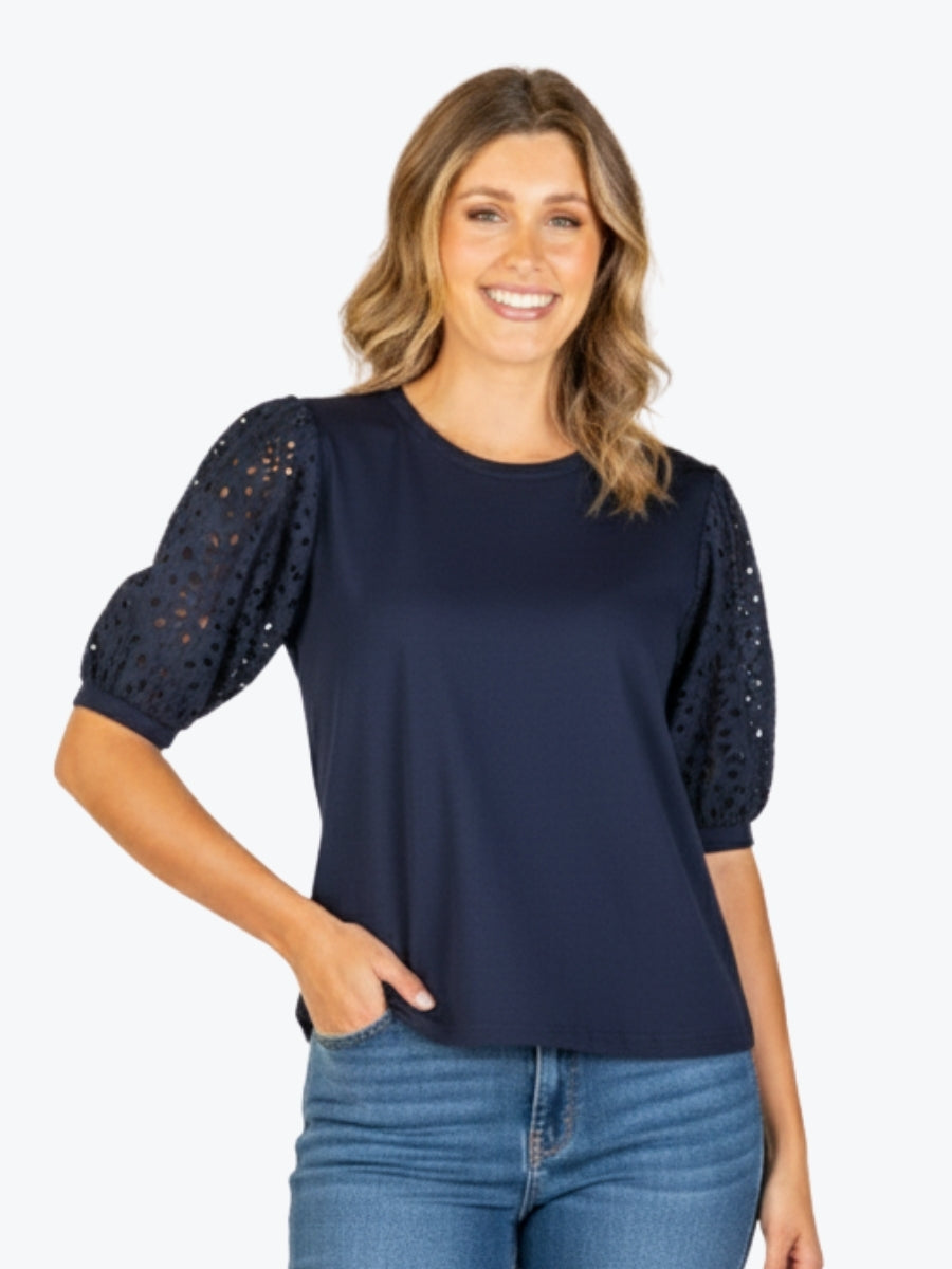 Maglia Lace Sleeve Top in Navy