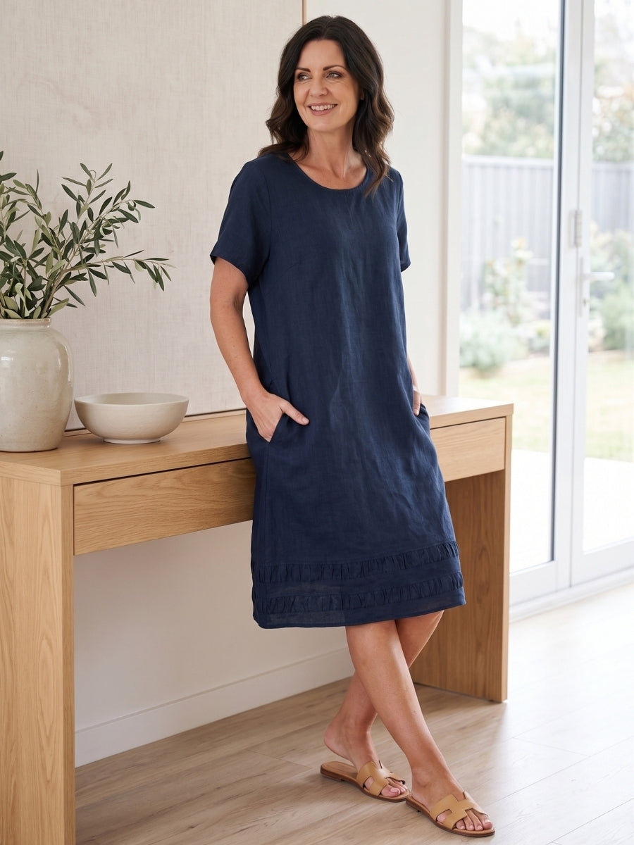 Maglia Lux Encore Trim Linen Dress | Navy