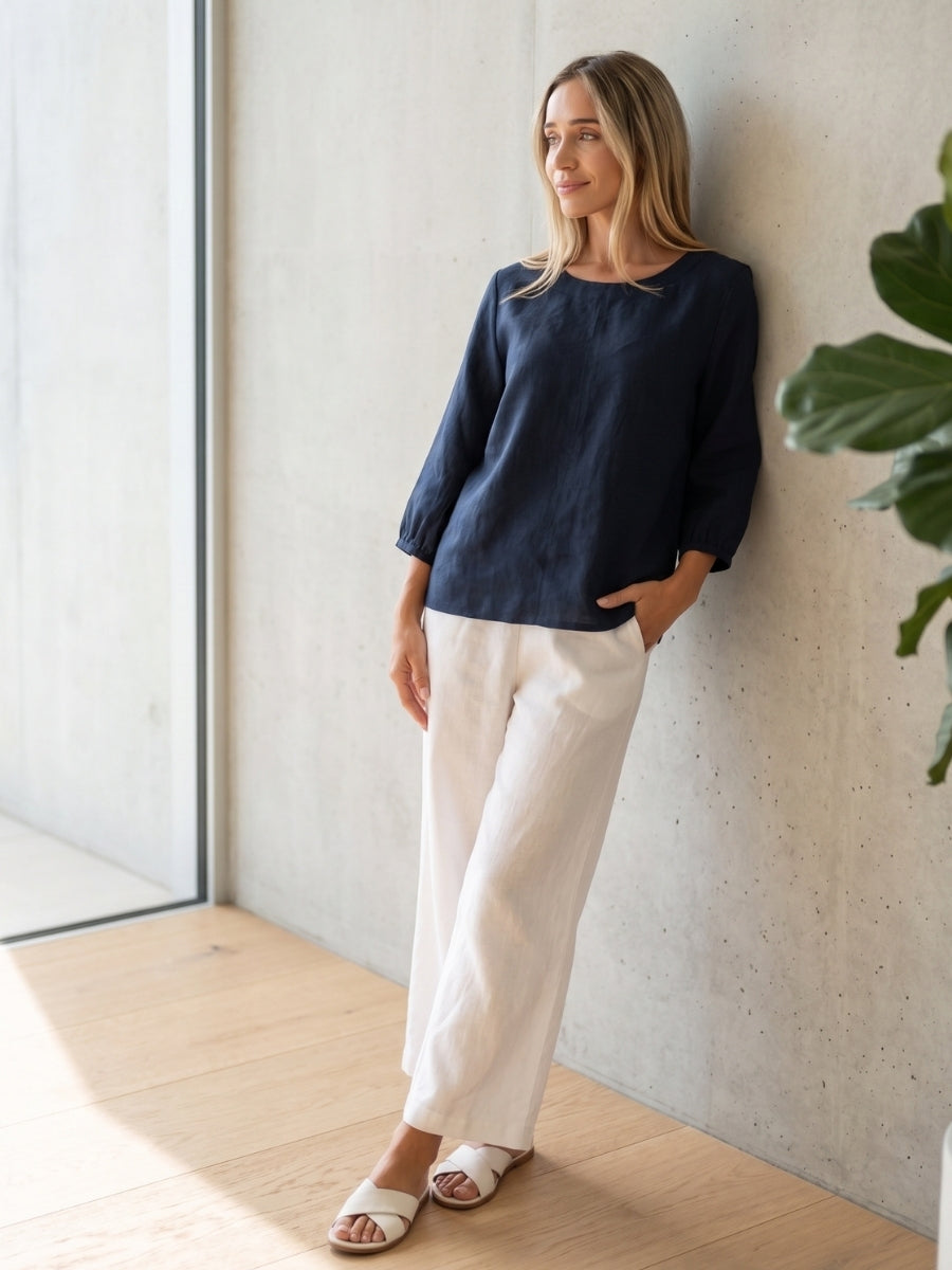 Maglia Lux Annie 3/4 Sleeve Linen Top | Navy