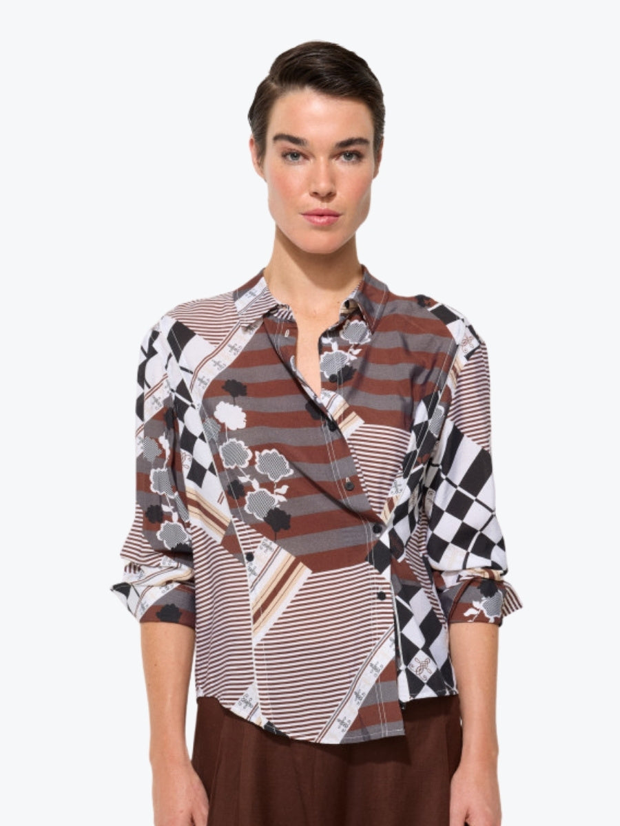 Marco Polo Button Up Collage Shirt in Chocolate Collage