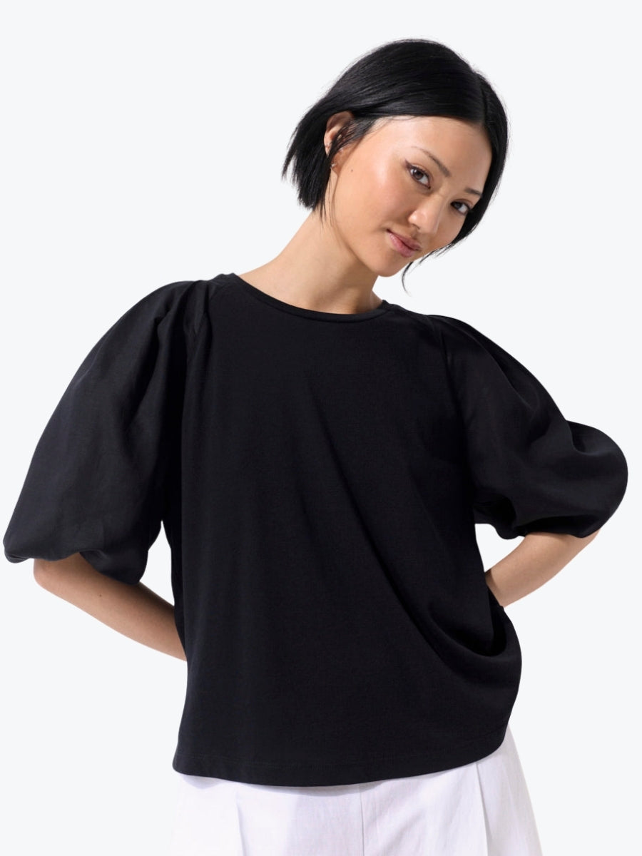 Marco Polo Pinstitch Gathered Sleeve Tee | Black