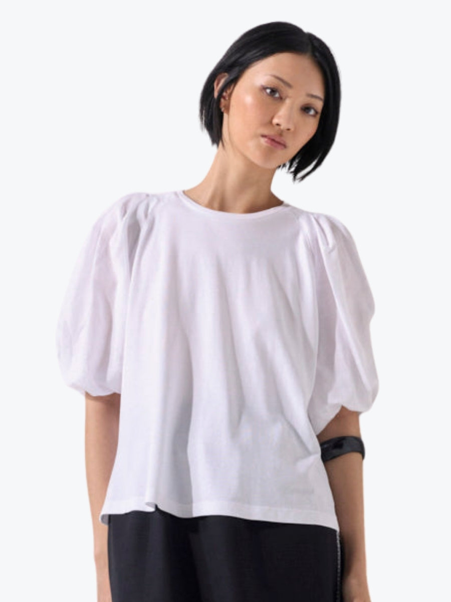 Marco Polo Pinstitch Gathered Sleeve Tee | White