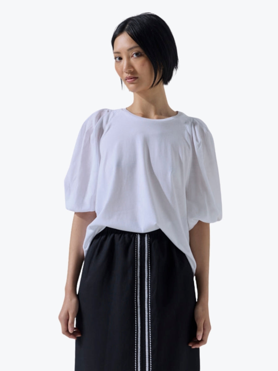 Marco Polo Pinstitch Gathered Sleeve Tee | White