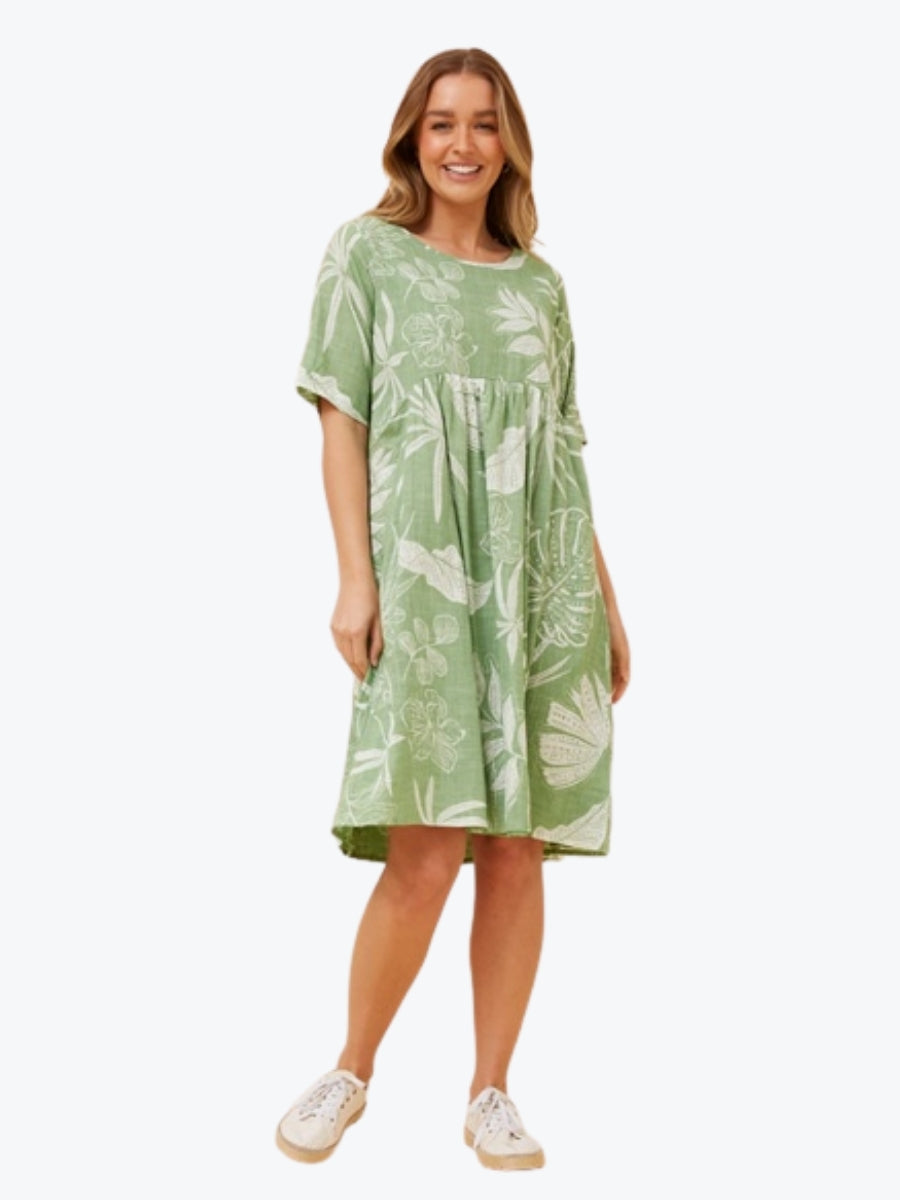 Mystic Monsoon Leaf Print Dress in Green