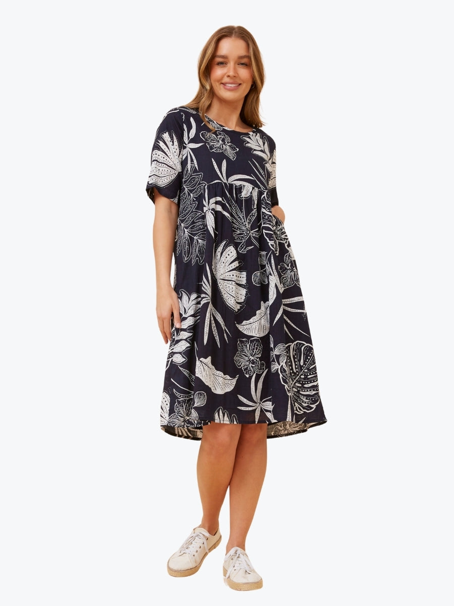 Mystic Monsoon Leaf Print Dress in Navy