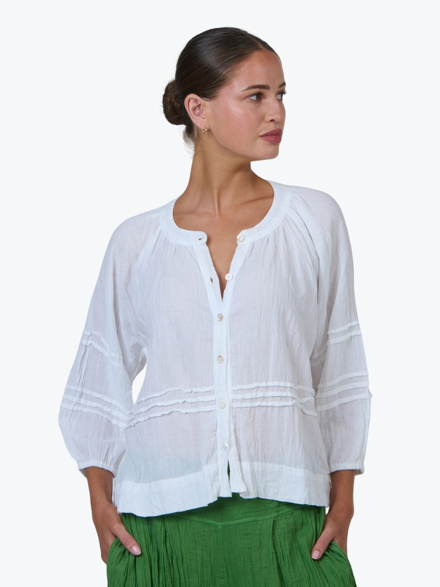 Namastai Crinkle Cotton Button Through Top in White