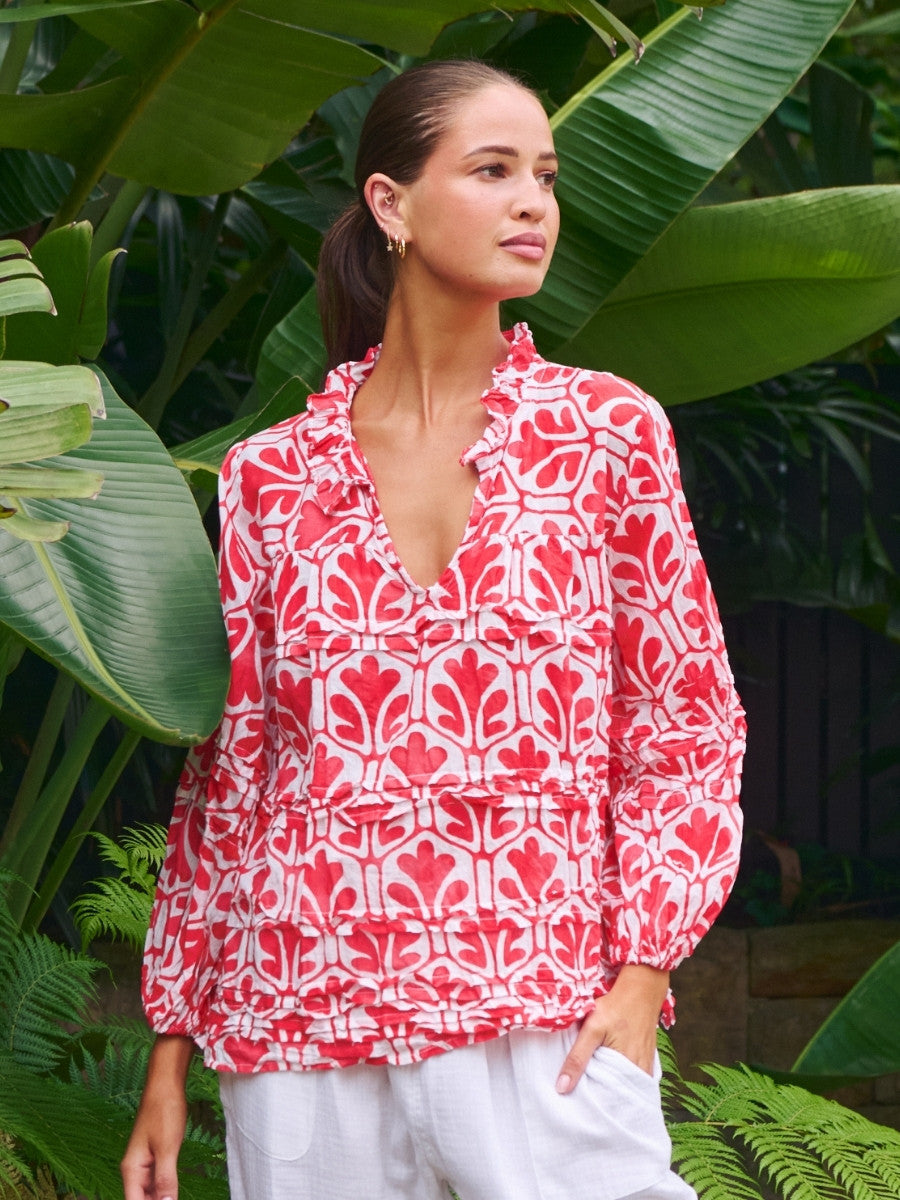 Namastai Crinkle Cotton Frill V Top in Chilli Oak