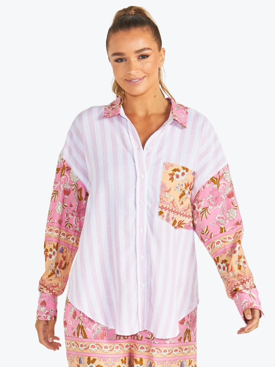Sass chiara spliced collared shirt pink stripe with paisley print on sleeves and pocket