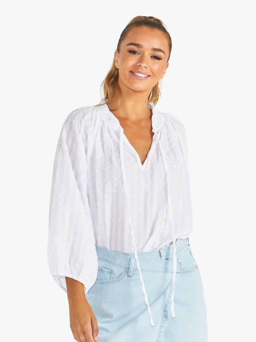 Sass Phillipa Top White three quarter sleeve tie neck
