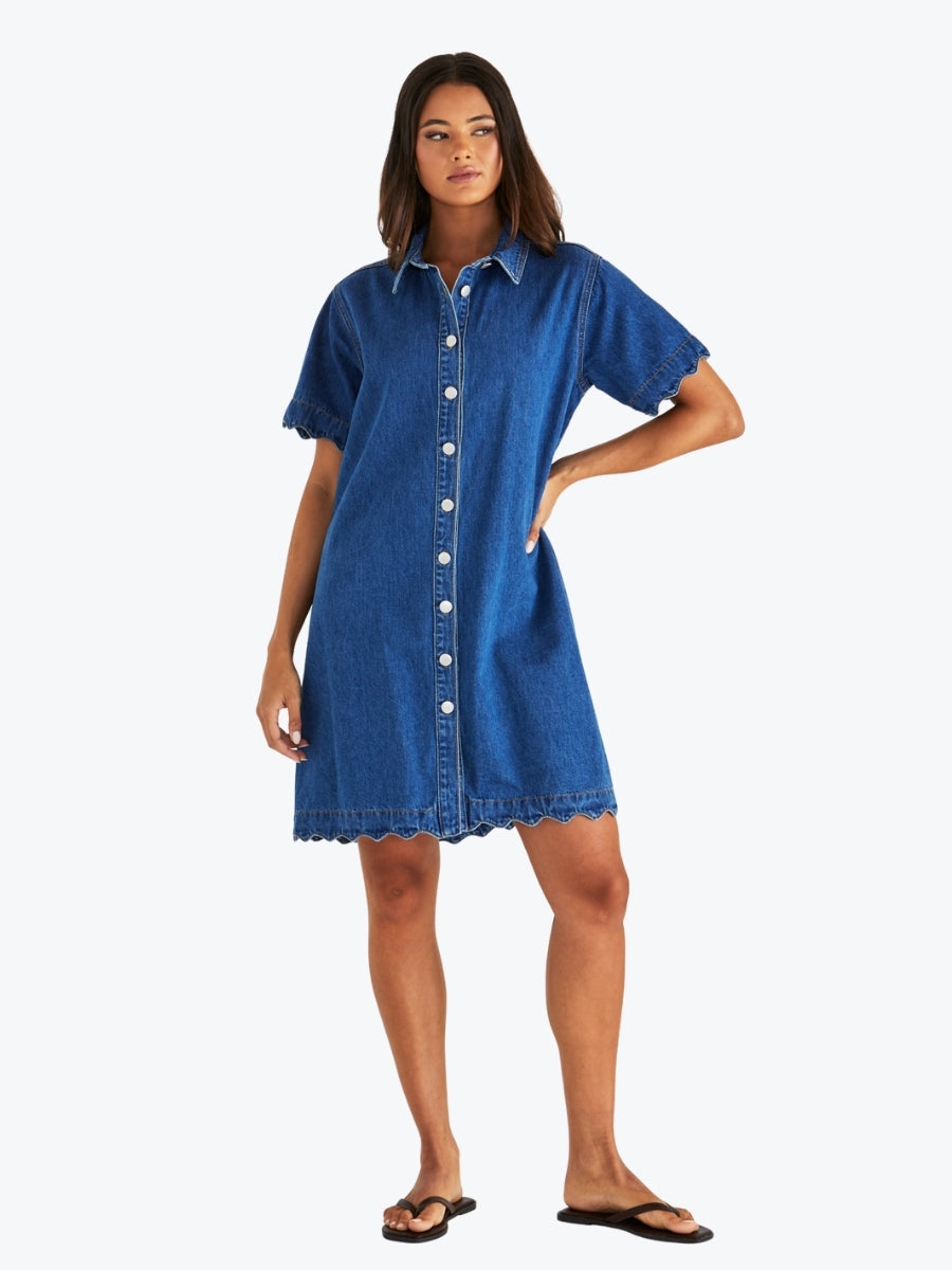 Sass Vale Scalloped Denim Dress in Mid Blue Wash